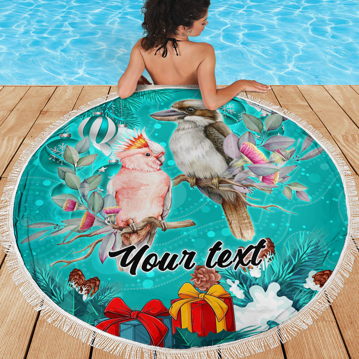 personalised-kookaburra-and-cockatoo-beach-blanket-australia-merry-christmas-aboriginal-teal-style