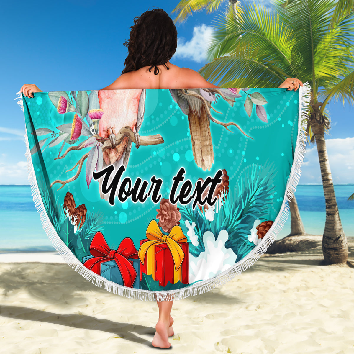 personalised-kookaburra-and-cockatoo-beach-blanket-australia-merry-christmas-aboriginal-teal-style