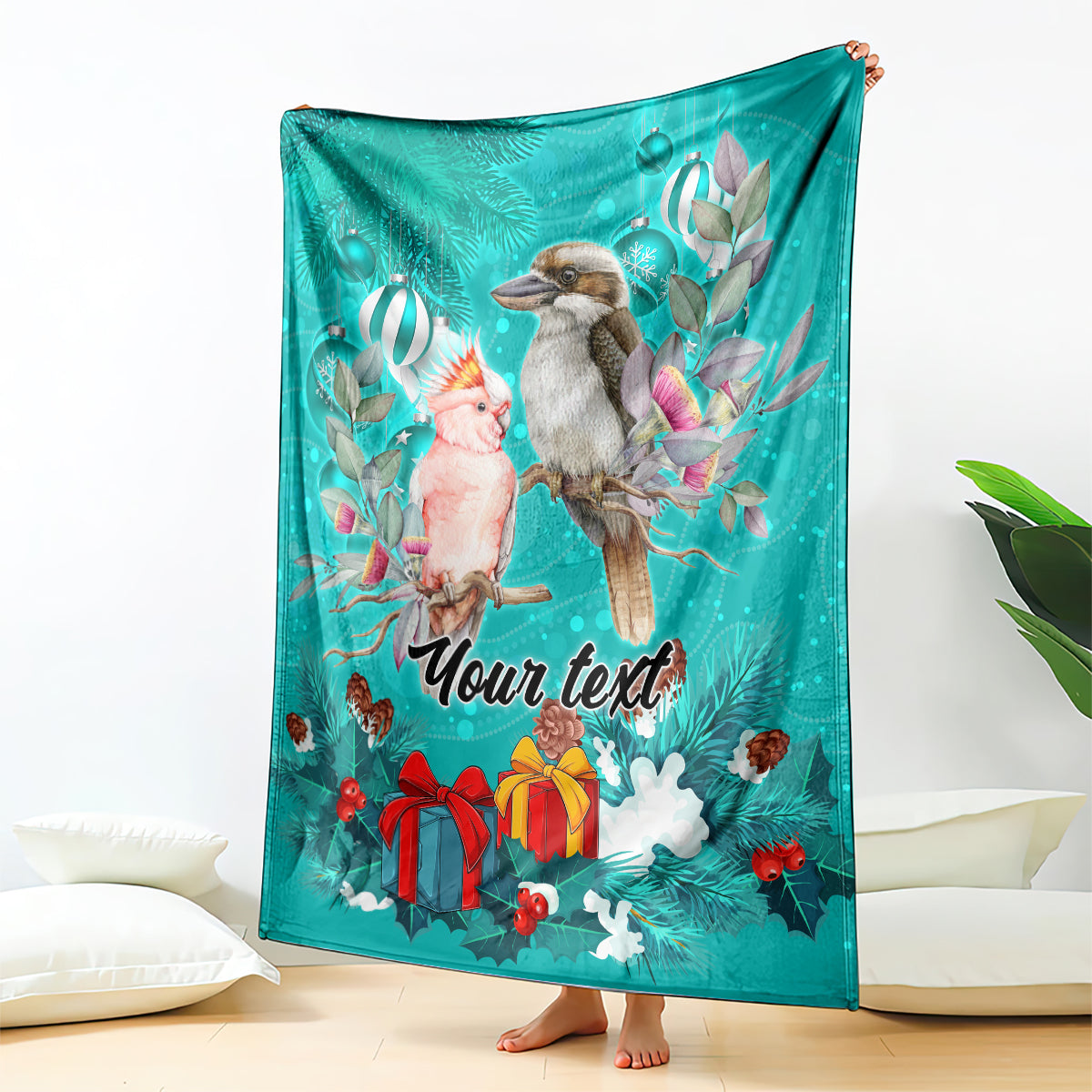 personalised-kookaburra-and-cockatoo-blanket-australia-merry-christmas-aboriginal-teal-style