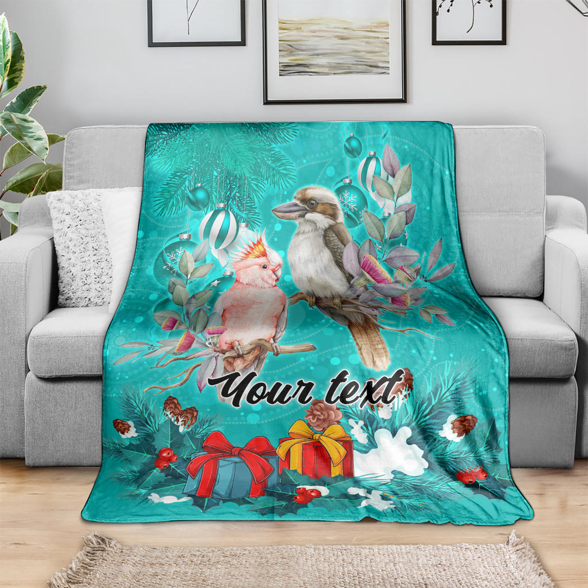 personalised-kookaburra-and-cockatoo-blanket-australia-merry-christmas-aboriginal-teal-style