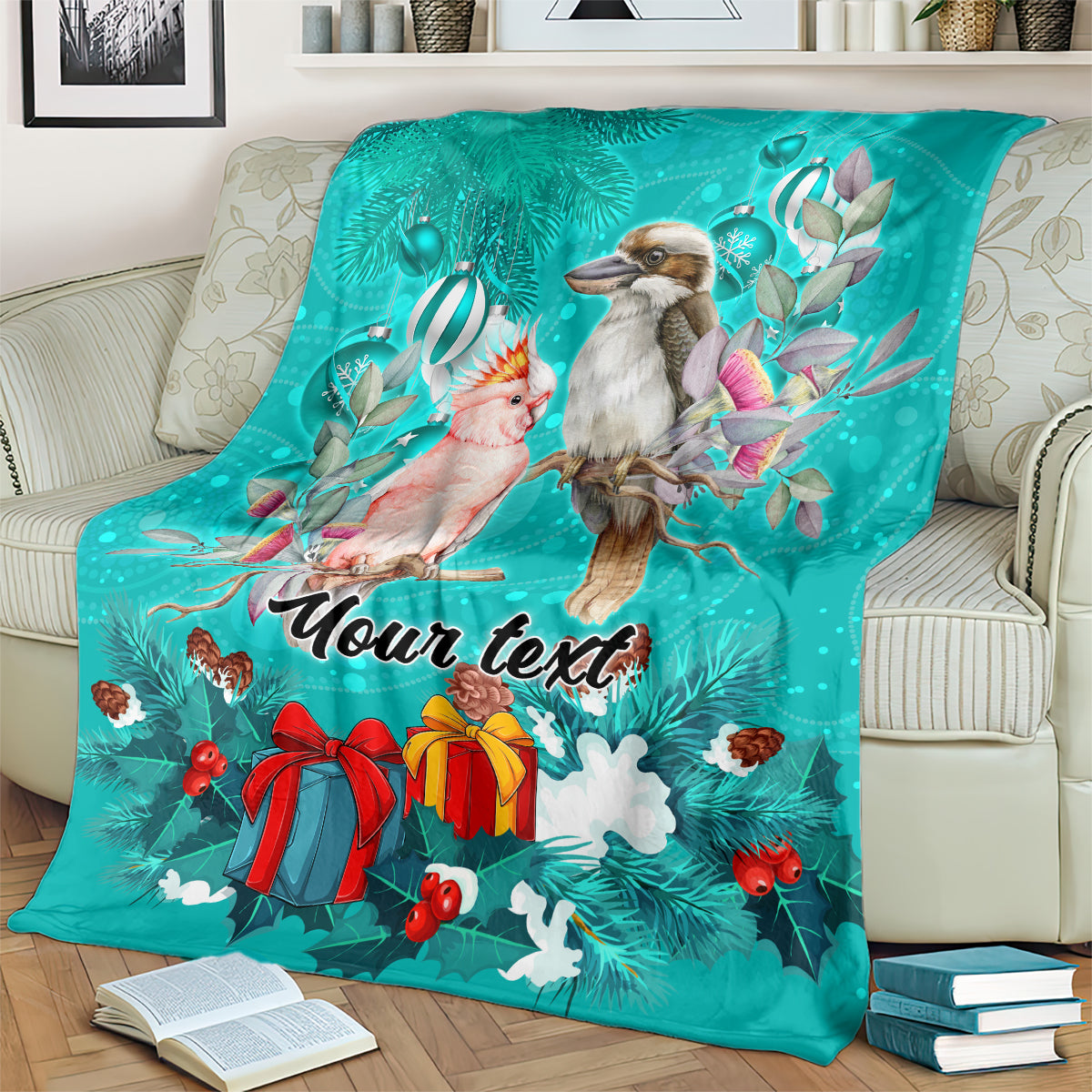 personalised-kookaburra-and-cockatoo-blanket-australia-merry-christmas-aboriginal-teal-style