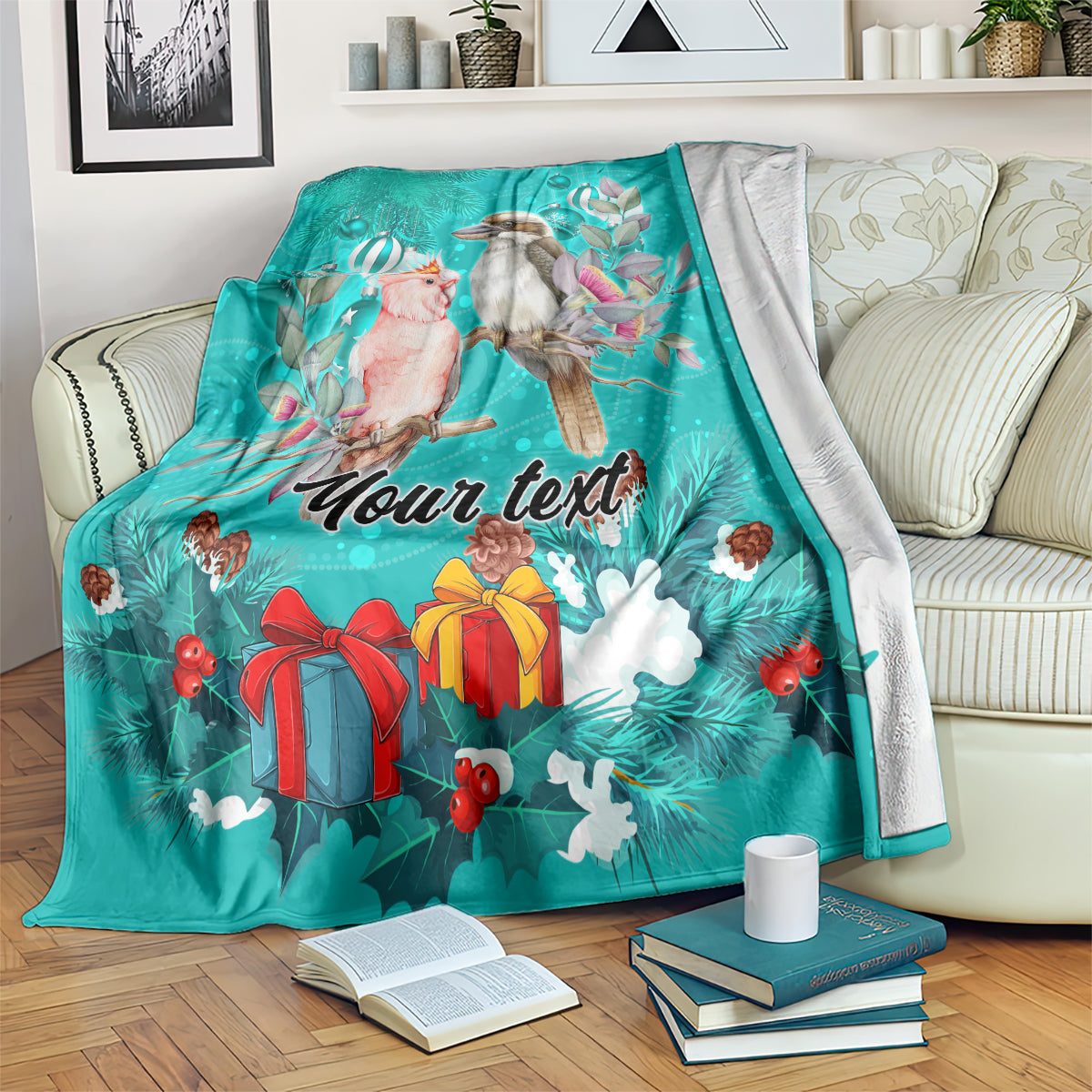 personalised-kookaburra-and-cockatoo-blanket-australia-merry-christmas-aboriginal-teal-style