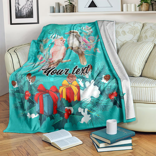 personalised-kookaburra-and-cockatoo-blanket-australia-merry-christmas-aboriginal-teal-style