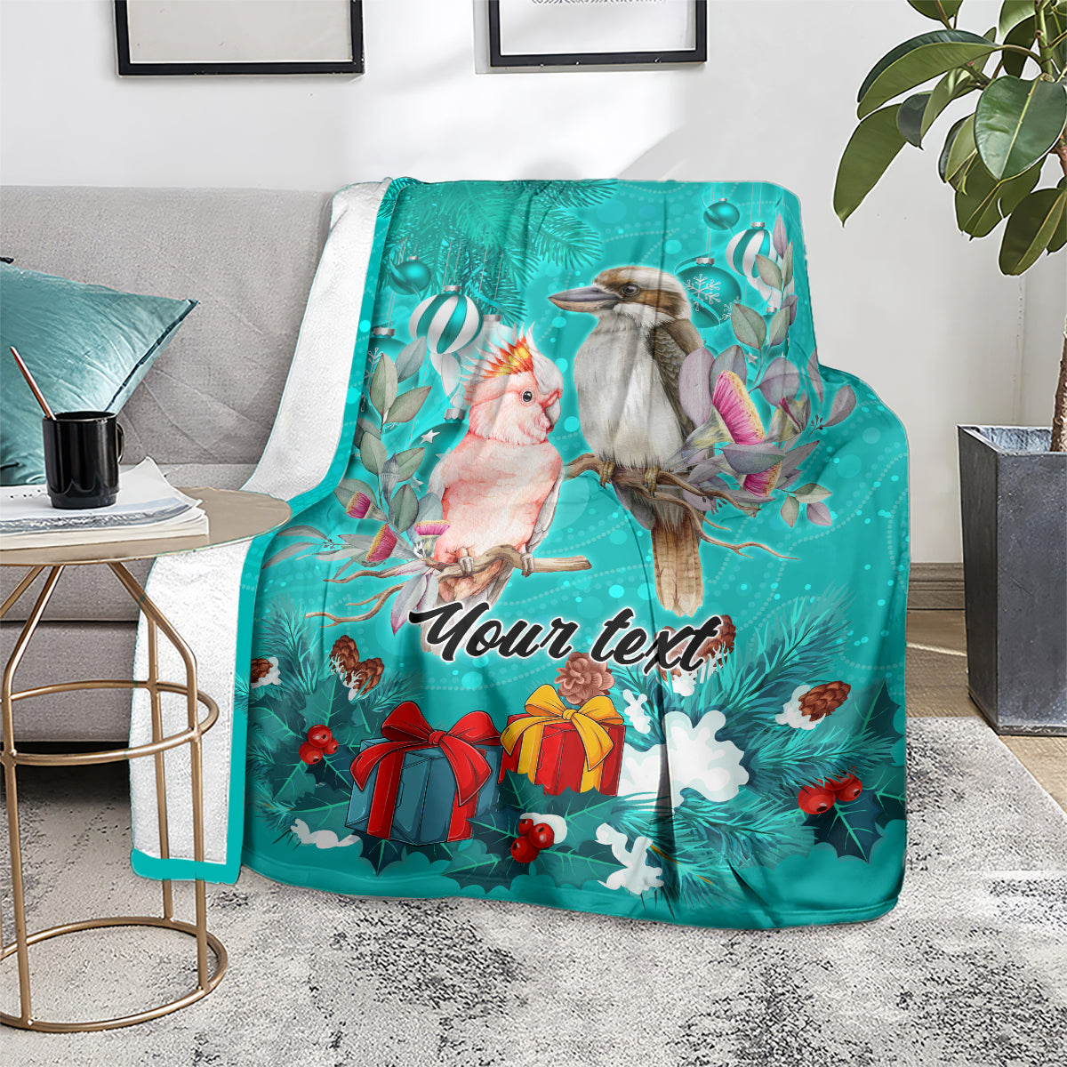 personalised-kookaburra-and-cockatoo-blanket-australia-merry-christmas-aboriginal-teal-style