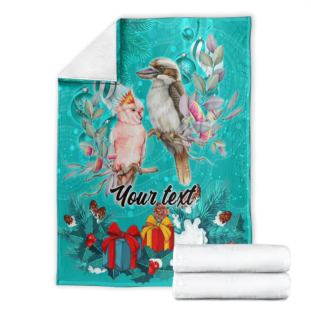 personalised-kookaburra-and-cockatoo-blanket-australia-merry-christmas-aboriginal-teal-style