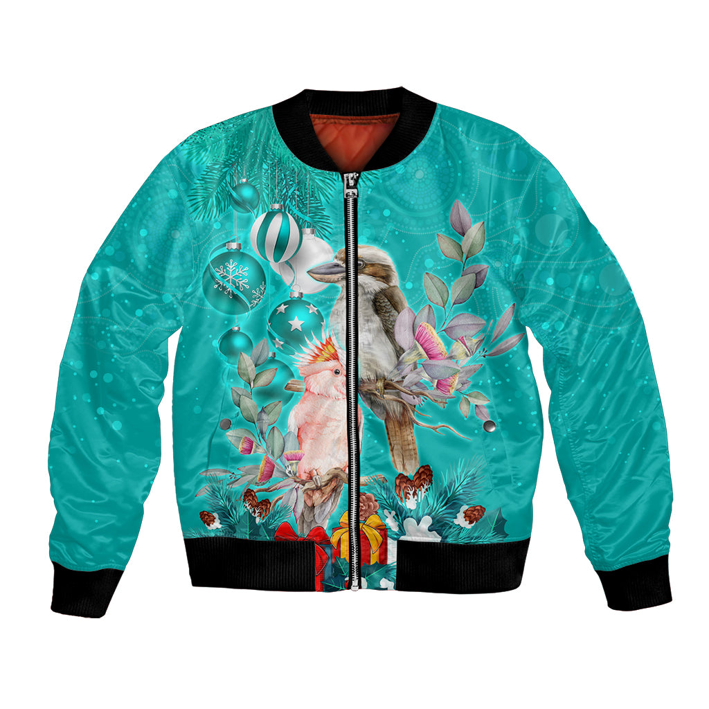 personalised-kookaburra-and-cockatoo-bomber-jacket-australia-merry-christmas-aboriginal-teal-style