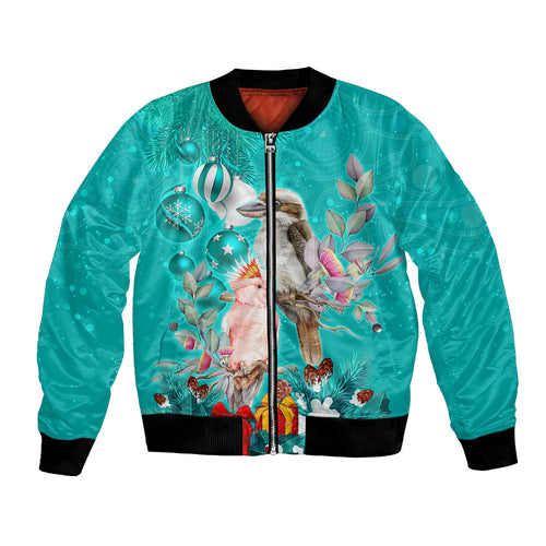 personalised-kookaburra-and-cockatoo-bomber-jacket-australia-merry-christmas-aboriginal-teal-style