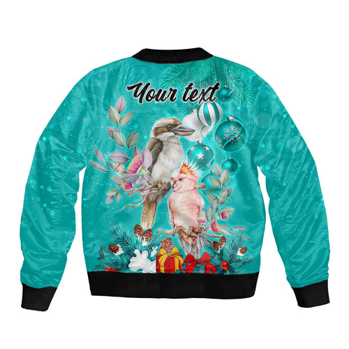 personalised-kookaburra-and-cockatoo-bomber-jacket-australia-merry-christmas-aboriginal-teal-style