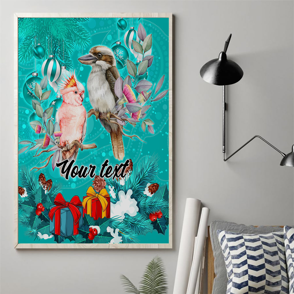 personalised-kookaburra-and-cockatoo-canvas-wall-art-australia-merry-christmas-aboriginal-teal-style