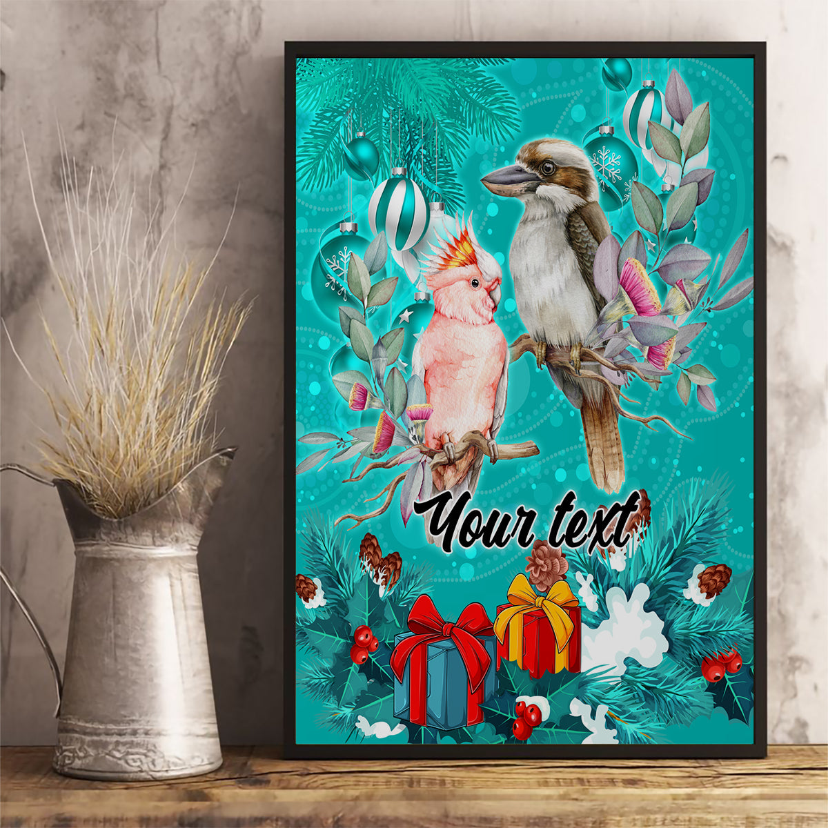 personalised-kookaburra-and-cockatoo-canvas-wall-art-australia-merry-christmas-aboriginal-teal-style