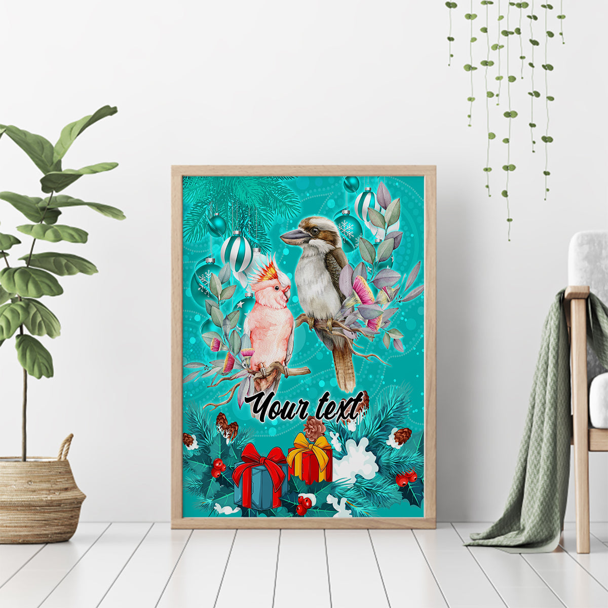 personalised-kookaburra-and-cockatoo-canvas-wall-art-australia-merry-christmas-aboriginal-teal-style