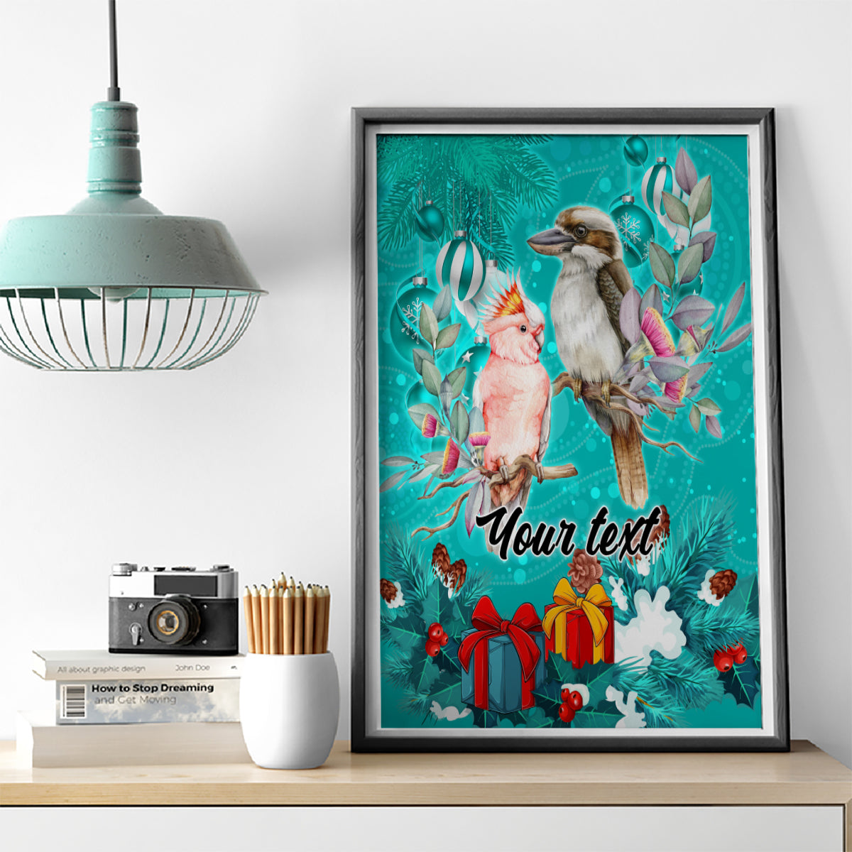 personalised-kookaburra-and-cockatoo-canvas-wall-art-australia-merry-christmas-aboriginal-teal-style