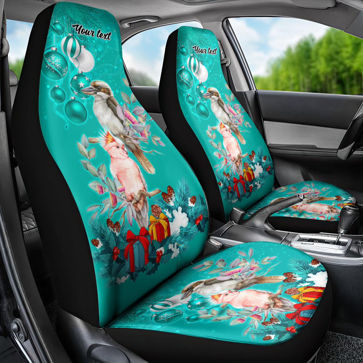 personalised-kookaburra-and-cockatoo-car-seat-cover-australia-merry-christmas-aboriginal-teal-style
