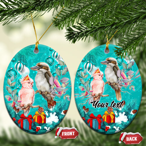 personalised-kookaburra-and-cockatoo-ceramic-ornament-australia-merry-christmas-aboriginal-teal-style