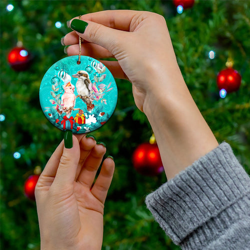 personalised-kookaburra-and-cockatoo-ceramic-ornament-australia-merry-christmas-aboriginal-teal-style