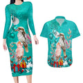 personalised-kookaburra-and-cockatoo-couples-matching-long-sleeve-bodycon-dress-and-hawaiian-shirt-australia-merry-christmas-aboriginal-teal-style