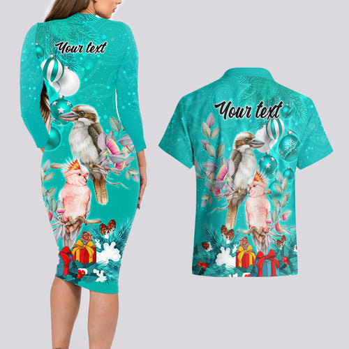 personalised-kookaburra-and-cockatoo-couples-matching-long-sleeve-bodycon-dress-and-hawaiian-shirt-australia-merry-christmas-aboriginal-teal-style
