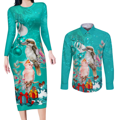 personalised-kookaburra-and-cockatoo-couples-matching-long-sleeve-bodycon-dress-and-long-sleeve-button-shirt-australia-merry-christmas-aboriginal-teal-style