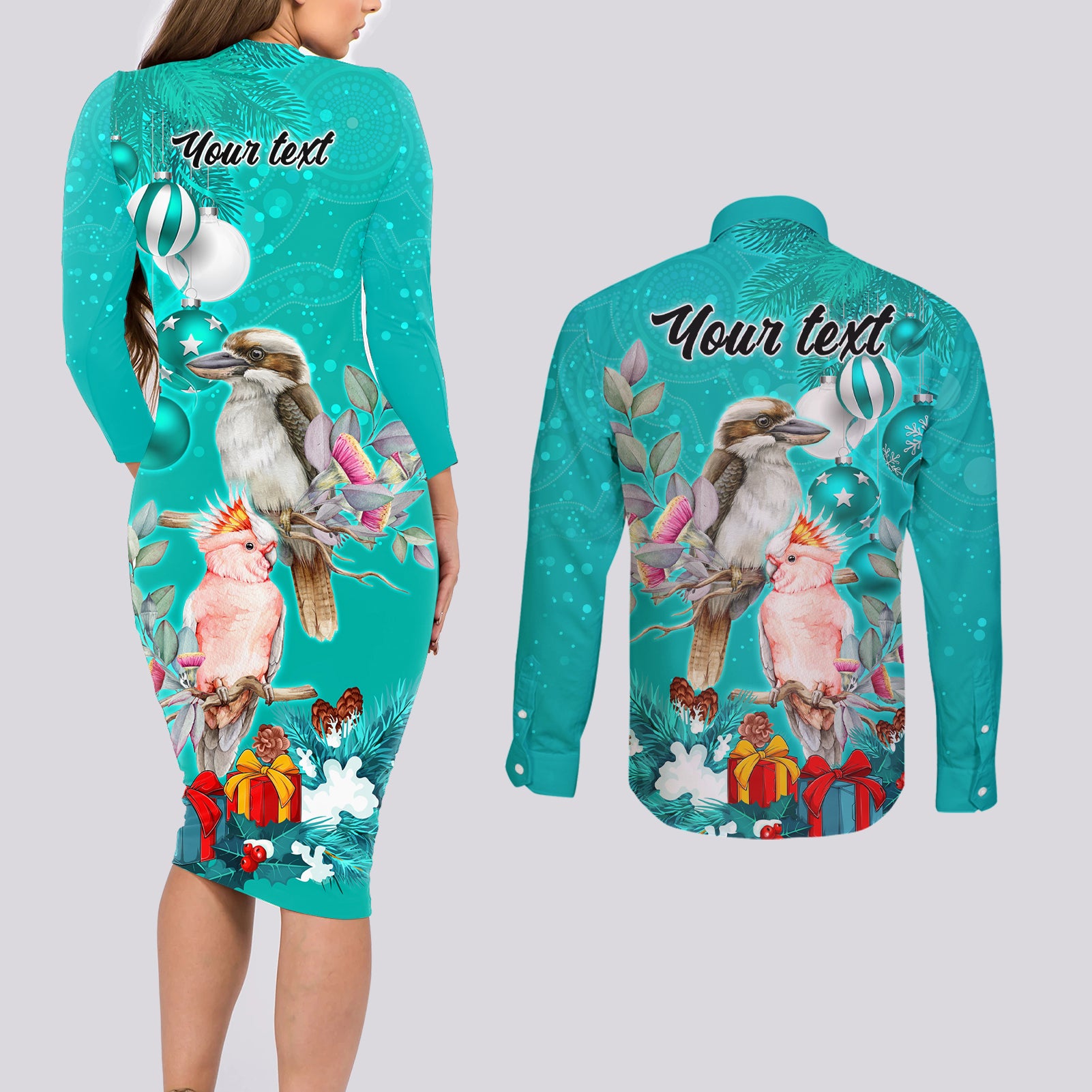 personalised-kookaburra-and-cockatoo-couples-matching-long-sleeve-bodycon-dress-and-long-sleeve-button-shirt-australia-merry-christmas-aboriginal-teal-style