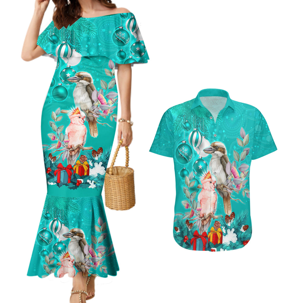 personalised-kookaburra-and-cockatoo-couples-matching-mermaid-dress-and-hawaiian-shirt-australia-merry-christmas-aboriginal-teal-style