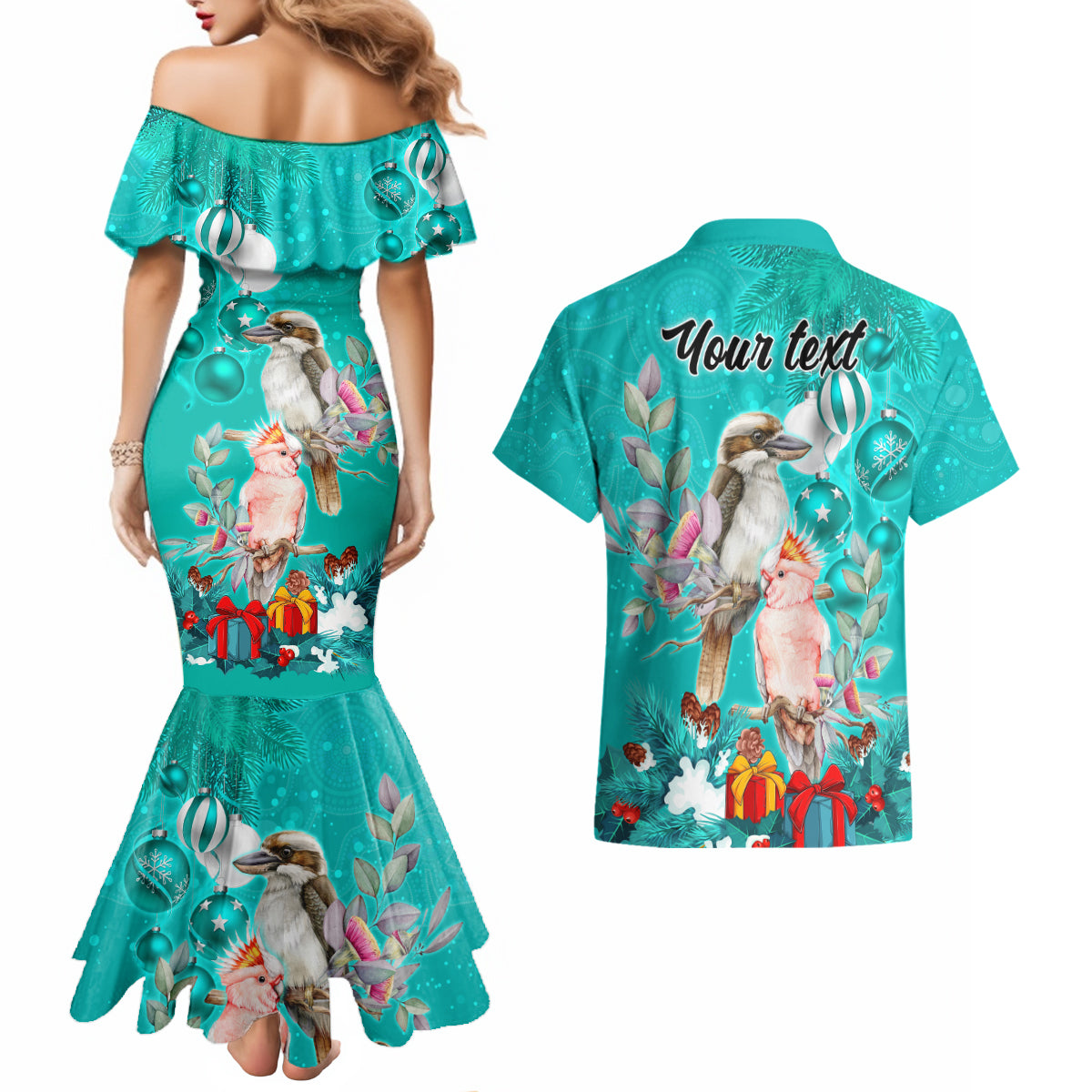 personalised-kookaburra-and-cockatoo-couples-matching-mermaid-dress-and-hawaiian-shirt-australia-merry-christmas-aboriginal-teal-style