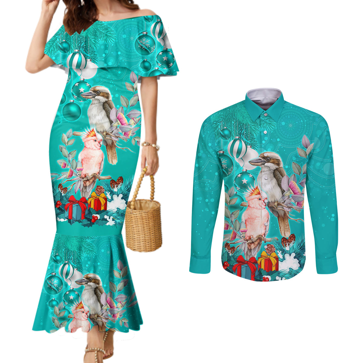 personalised-kookaburra-and-cockatoo-couples-matching-mermaid-dress-and-long-sleeve-button-shirt-australia-merry-christmas-aboriginal-teal-style