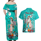 personalised-kookaburra-and-cockatoo-couples-matching-off-shoulder-maxi-dress-and-hawaiian-shirt-australia-merry-christmas-aboriginal-teal-style