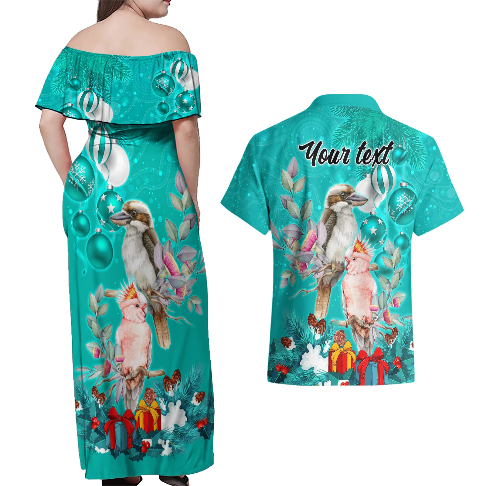 personalised-kookaburra-and-cockatoo-couples-matching-off-shoulder-maxi-dress-and-hawaiian-shirt-australia-merry-christmas-aboriginal-teal-style