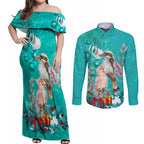 personalised-kookaburra-and-cockatoo-couples-matching-off-shoulder-maxi-dress-and-long-sleeve-button-shirt-australia-merry-christmas-aboriginal-teal-style
