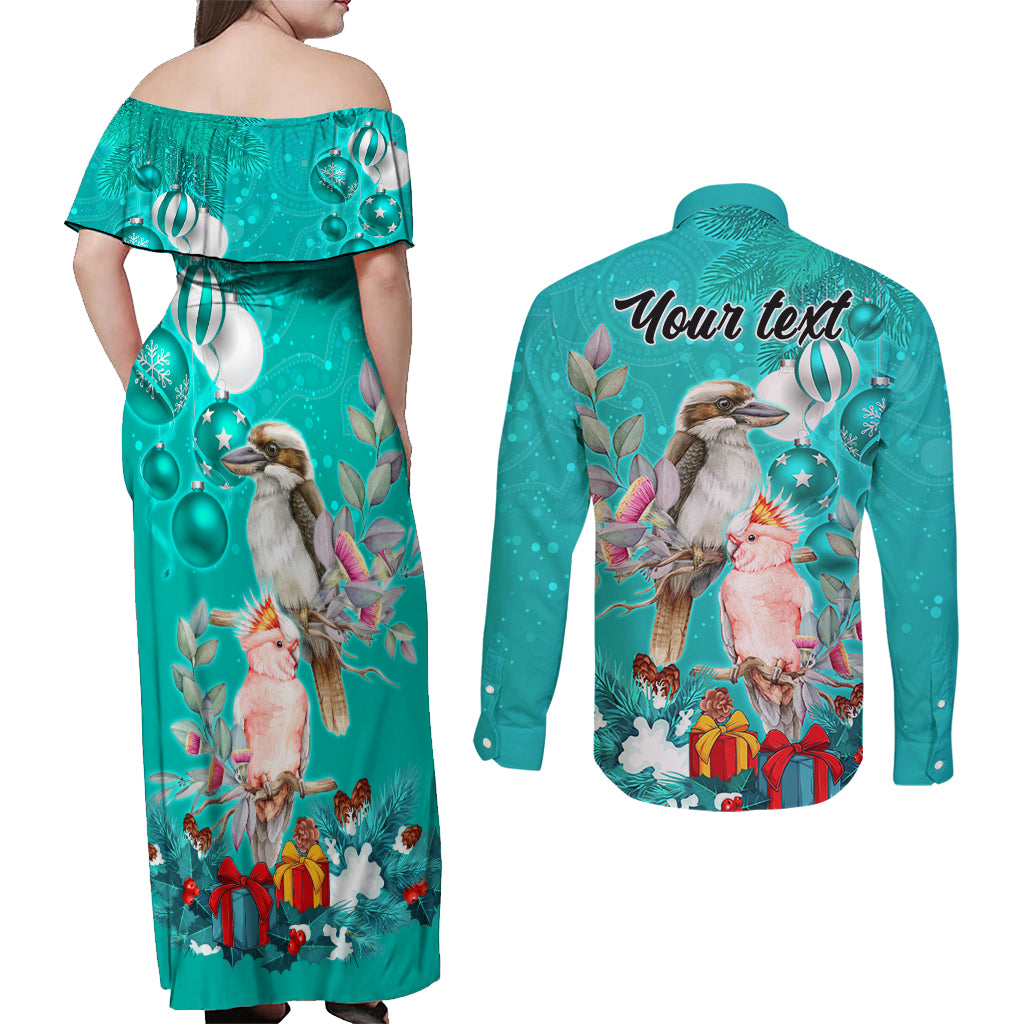 personalised-kookaburra-and-cockatoo-couples-matching-off-shoulder-maxi-dress-and-long-sleeve-button-shirt-australia-merry-christmas-aboriginal-teal-style