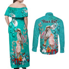 personalised-kookaburra-and-cockatoo-couples-matching-off-shoulder-maxi-dress-and-long-sleeve-button-shirt-australia-merry-christmas-aboriginal-teal-style