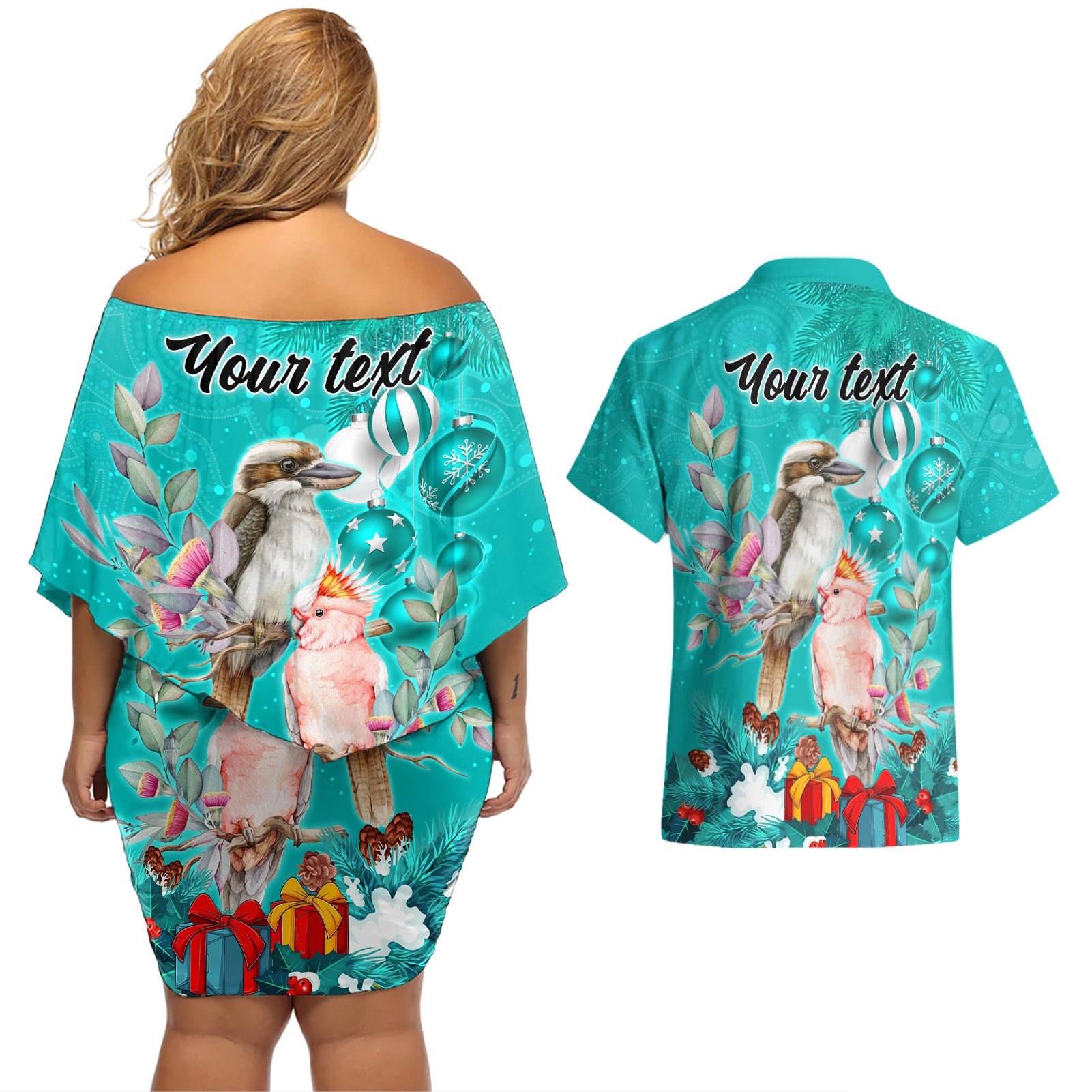 personalised-kookaburra-and-cockatoo-couples-matching-off-shoulder-short-dress-and-hawaiian-shirt-australia-merry-christmas-aboriginal-teal-style