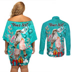 personalised-kookaburra-and-cockatoo-couples-matching-off-shoulder-short-dress-and-long-sleeve-button-shirt-australia-merry-christmas-aboriginal-teal-style