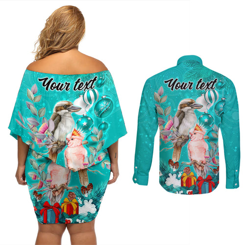 personalised-kookaburra-and-cockatoo-couples-matching-off-shoulder-short-dress-and-long-sleeve-button-shirt-australia-merry-christmas-aboriginal-teal-style