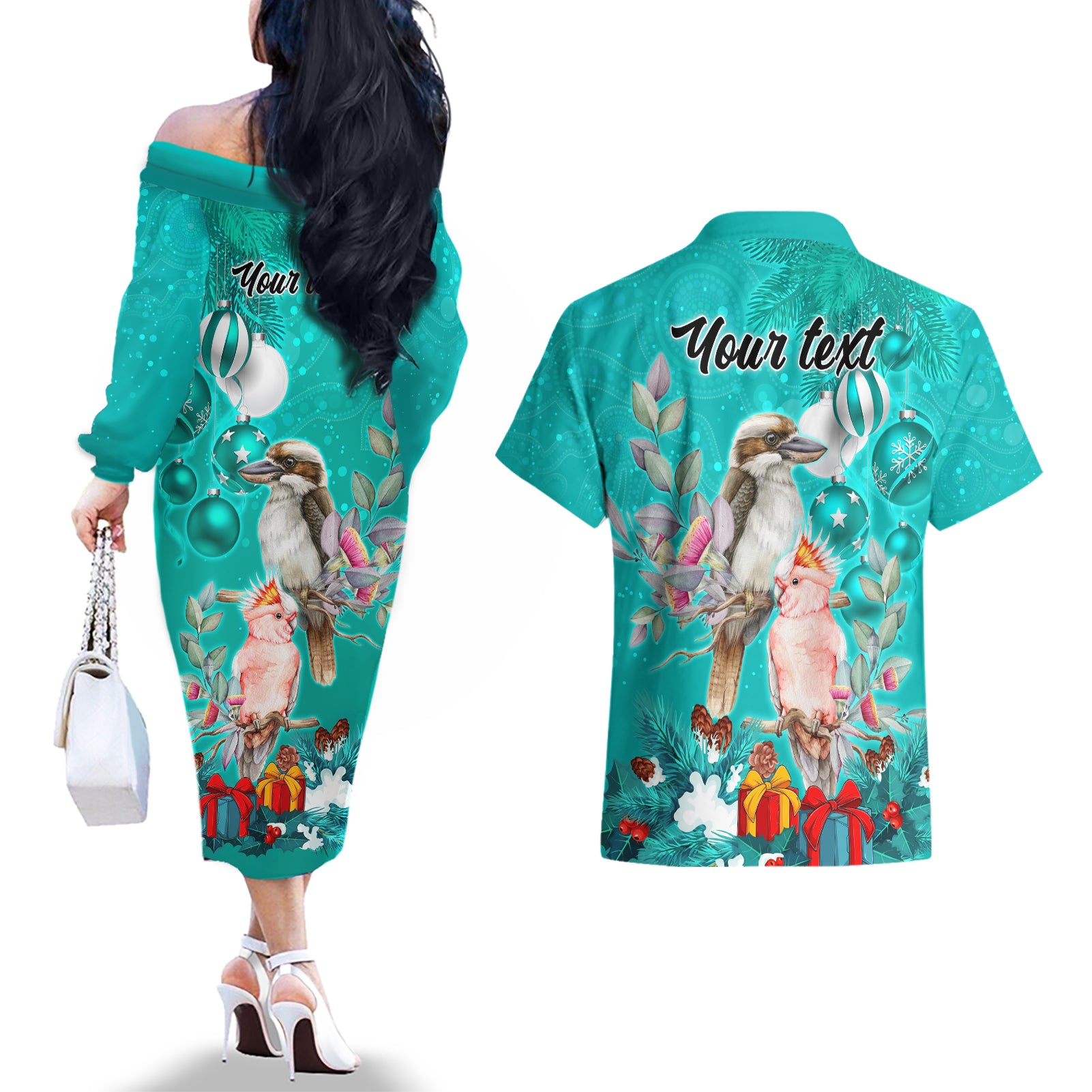 personalised-kookaburra-and-cockatoo-couples-matching-off-the-shoulder-long-sleeve-dress-and-hawaiian-shirt-australia-merry-christmas-aboriginal-teal-style