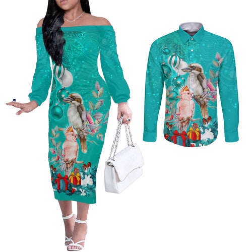personalised-kookaburra-and-cockatoo-couples-matching-off-the-shoulder-long-sleeve-dress-and-long-sleeve-button-shirt-australia-merry-christmas-aboriginal-teal-style