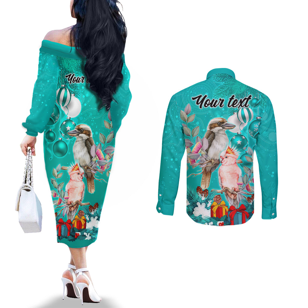 personalised-kookaburra-and-cockatoo-couples-matching-off-the-shoulder-long-sleeve-dress-and-long-sleeve-button-shirt-australia-merry-christmas-aboriginal-teal-style