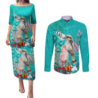 personalised-kookaburra-and-cockatoo-couples-matching-puletasi-dress-and-long-sleeve-button-shirt-australia-merry-christmas-aboriginal-teal-style