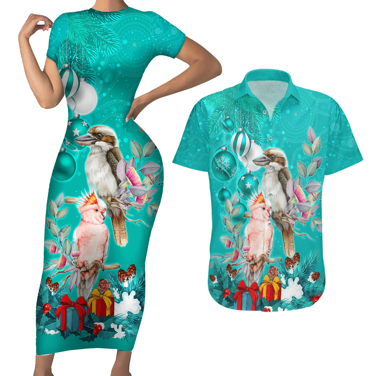 personalised-kookaburra-and-cockatoo-couples-matching-short-sleeve-bodycon-dress-and-hawaiian-shirt-australia-merry-christmas-aboriginal-teal-style