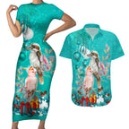personalised-kookaburra-and-cockatoo-couples-matching-short-sleeve-bodycon-dress-and-hawaiian-shirt-australia-merry-christmas-aboriginal-teal-style
