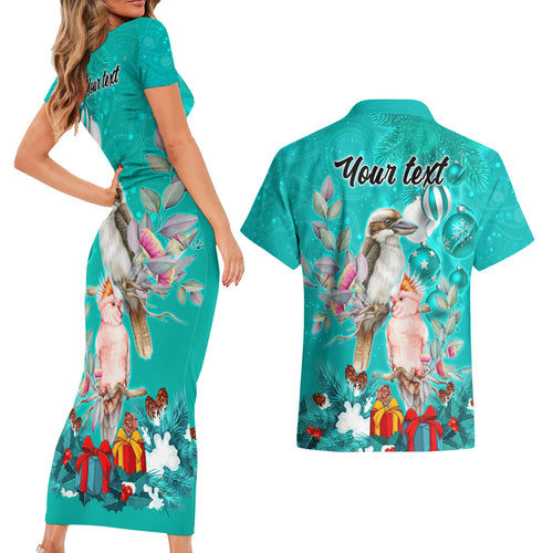 personalised-kookaburra-and-cockatoo-couples-matching-short-sleeve-bodycon-dress-and-hawaiian-shirt-australia-merry-christmas-aboriginal-teal-style