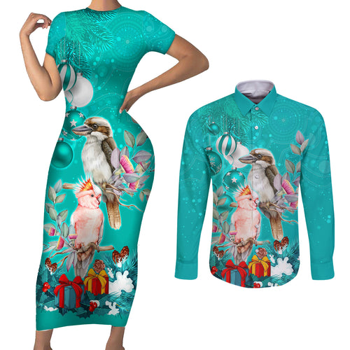 personalised-kookaburra-and-cockatoo-couples-matching-short-sleeve-bodycon-dress-and-long-sleeve-button-shirt-australia-merry-christmas-aboriginal-teal-style