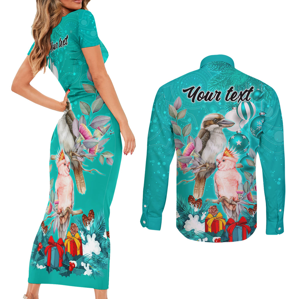 personalised-kookaburra-and-cockatoo-couples-matching-short-sleeve-bodycon-dress-and-long-sleeve-button-shirt-australia-merry-christmas-aboriginal-teal-style