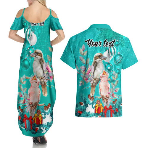 personalised-kookaburra-and-cockatoo-couples-matching-summer-maxi-dress-and-hawaiian-shirt-australia-merry-christmas-aboriginal-teal-style