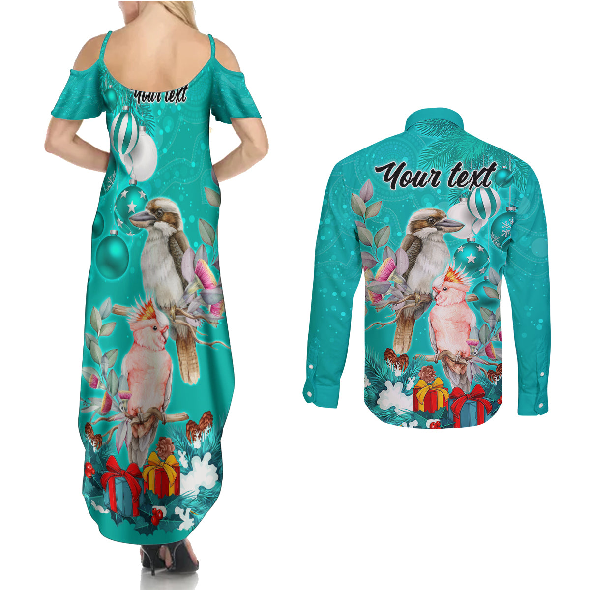 personalised-kookaburra-and-cockatoo-couples-matching-summer-maxi-dress-and-long-sleeve-button-shirt-australia-merry-christmas-aboriginal-teal-style