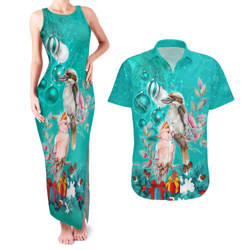 personalised-kookaburra-and-cockatoo-couples-matching-tank-maxi-dress-and-hawaiian-shirt-australia-merry-christmas-aboriginal-teal-style