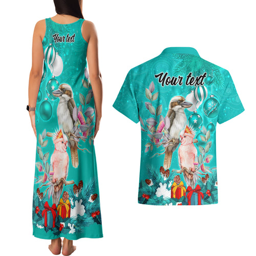 personalised-kookaburra-and-cockatoo-couples-matching-tank-maxi-dress-and-hawaiian-shirt-australia-merry-christmas-aboriginal-teal-style