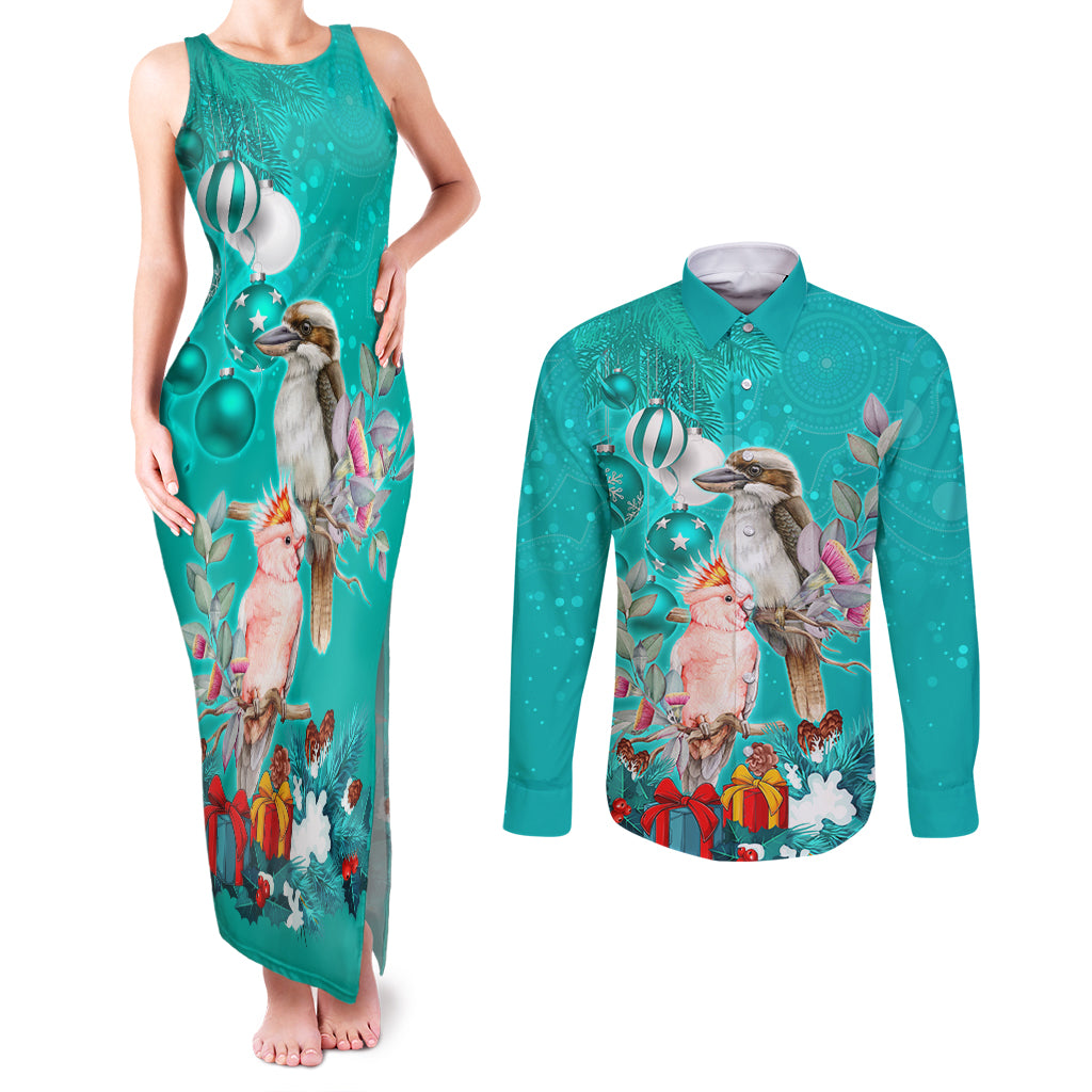 personalised-kookaburra-and-cockatoo-couples-matching-tank-maxi-dress-and-long-sleeve-button-shirt-australia-merry-christmas-aboriginal-teal-style