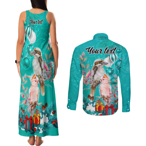 personalised-kookaburra-and-cockatoo-couples-matching-tank-maxi-dress-and-long-sleeve-button-shirt-australia-merry-christmas-aboriginal-teal-style
