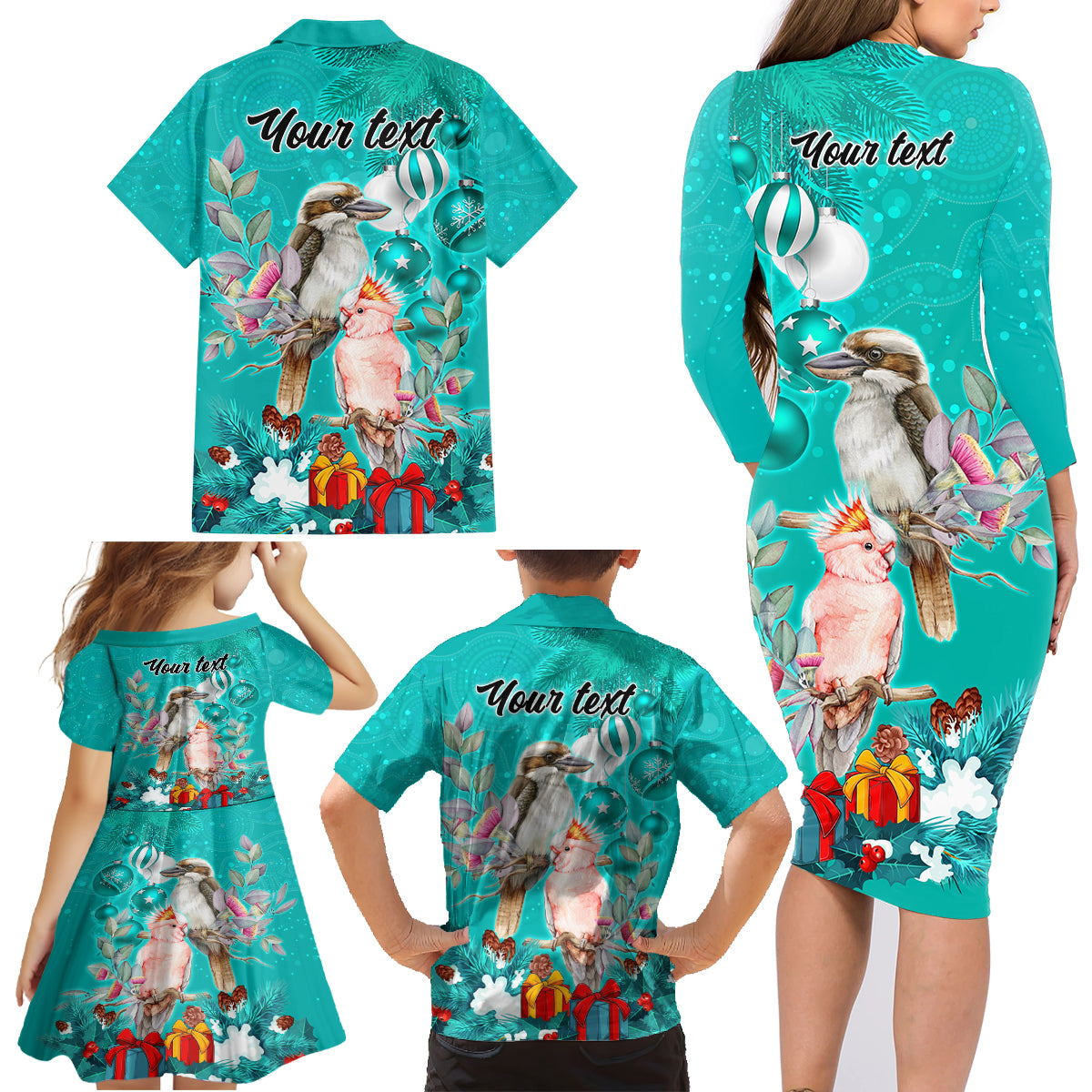 personalised-kookaburra-and-cockatoo-family-matching-long-sleeve-bodycon-dress-and-hawaiian-shirt-australia-merry-christmas-aboriginal-teal-style